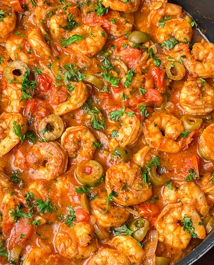 One Pan Seared Shrimp In a Garlic, Tomato Olive Sauce 