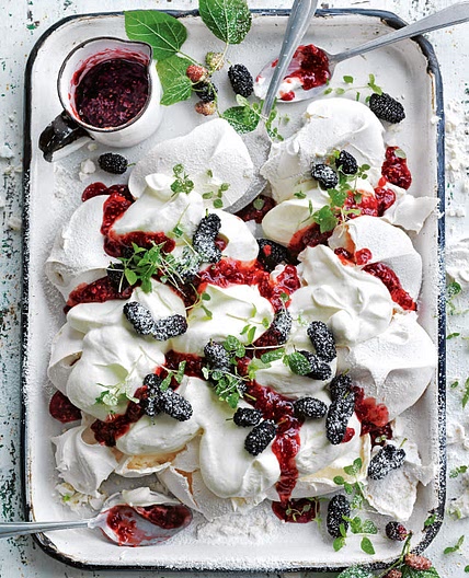 Smashed Pavlova With Mulberries And Roasted Raspberry Jam