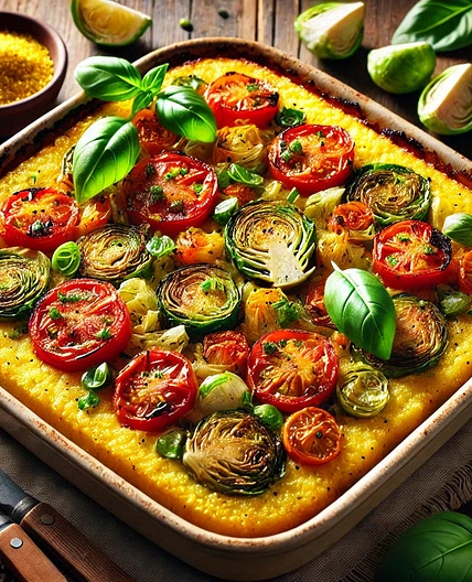 Polenta-Gemüse-Auflauf mit Tomaten und Basilikum