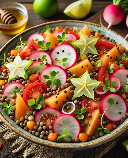 Linsensalat mit Sternfrucht und Cantaloupe-Melone