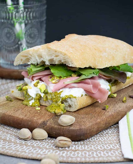 Mortadella Sandwich with Stracciatella and Pistachio Pesto