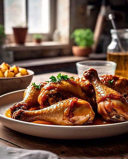 Sticky Chicken drumsticks and grilled potatoes