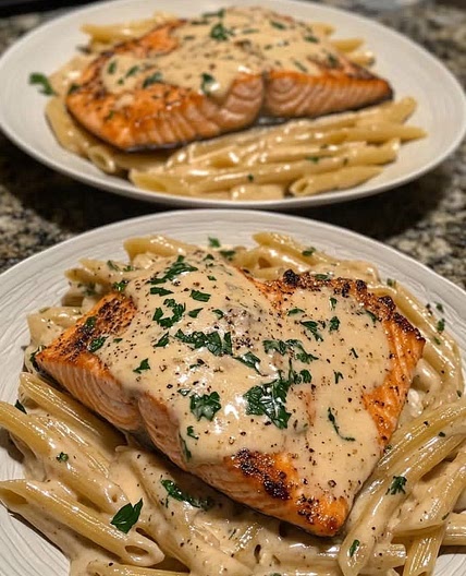 Tuscan Salmon with Creamy Garlic Alfredo Penne