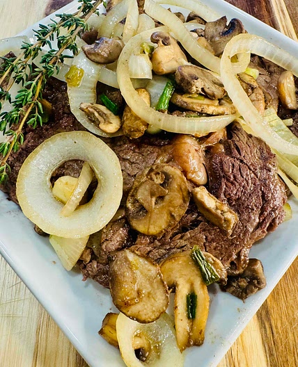 Smothered Grass-Fed Ribeye Steak with Veggies