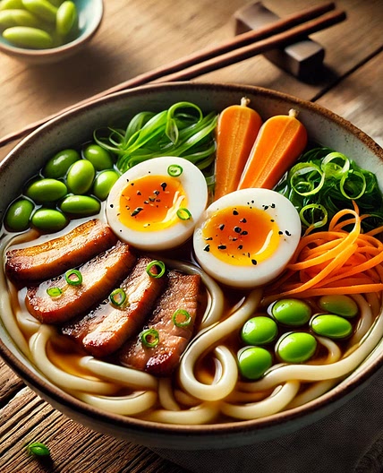 Bol de Udon au Porc Mariné, Œuf Mollet et Édamamés