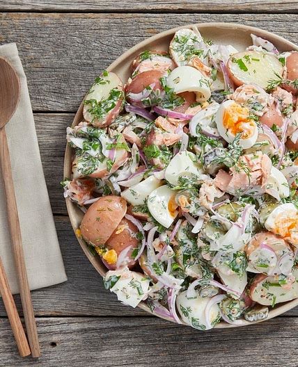 Hot smoked salmon potato salad