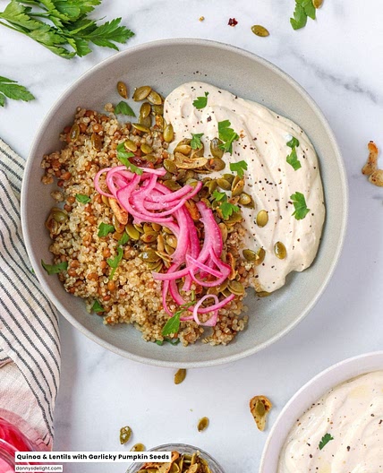 Quinoa and Lentils with Garlicky Pumpkin Seeds