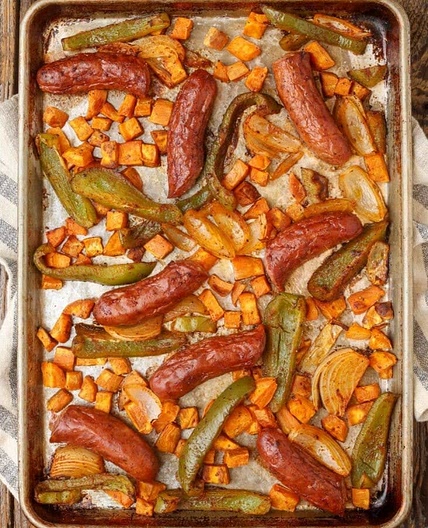 Sausage, sweet potatoes, peppers & onions