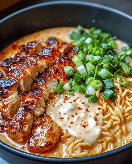 Fiery Chicken Ramen with Creamy Garlic Sauce