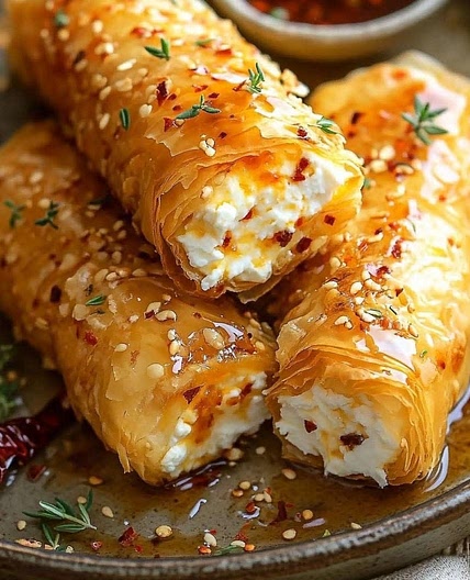 Oven Fried Feta Rolls with Chili Honey