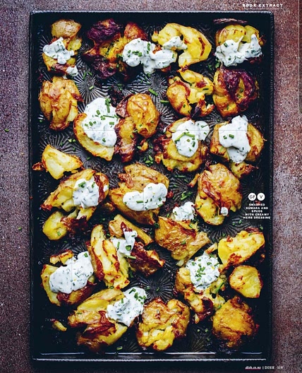 Smashed Kūmara and Spuds with Creamy Herb Dressing (gf)