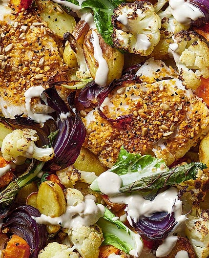 Cod and cauliflower traybake with Dukkah