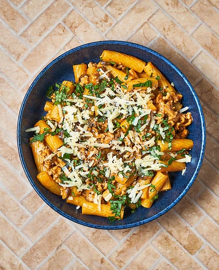 Creamy Pork & Mushroom Tortiglioni With Basil