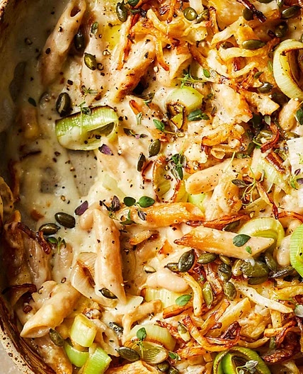 Leek & celeriac cheesy pasta and bean bake