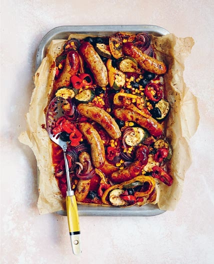 Sausages with sweetcorn, peppers and courgettes