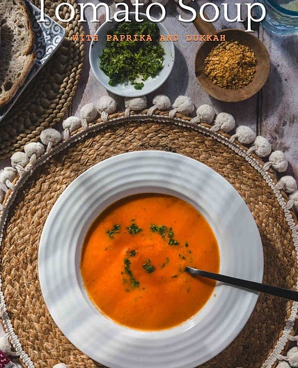 Tomato Soup with Basil Oil and Dukkah