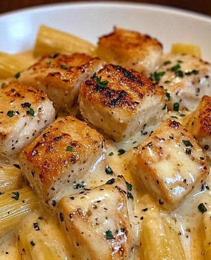 Creamy Garlic Butter Chicken and Rigatoni in Parmesan Sauce