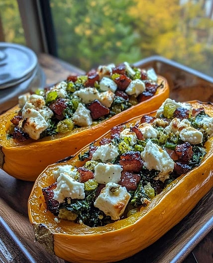 Courge Butternut Farcie au Feta, Épinards et Bacon