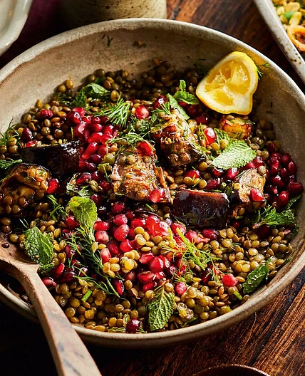 Braised lentils & aubergines with pomegranate