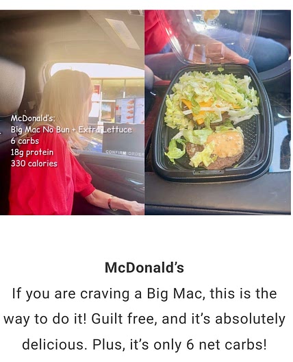 Maccas Big Mac no bun extra lettuce 330cal 18g protein 6 carbs