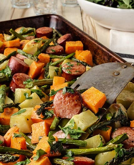 Sheet Pan Sausage, Sweet Potato, and Asparagus Dinner
