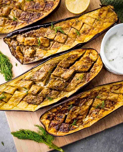 Oven Grilled Eggplant With Easy Garlic Dill Yogurt Sauce