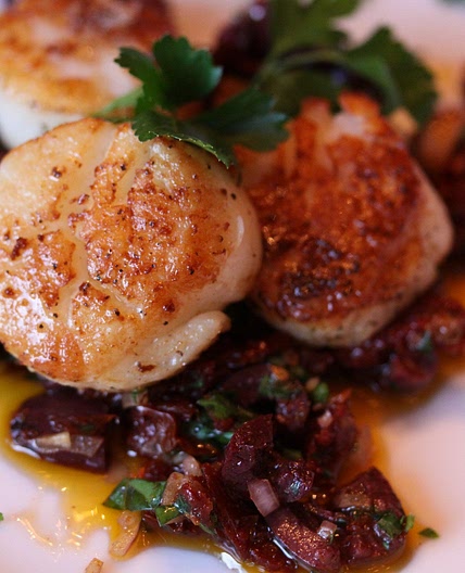 Seared Sea Scallops with Garlic Olive Compote