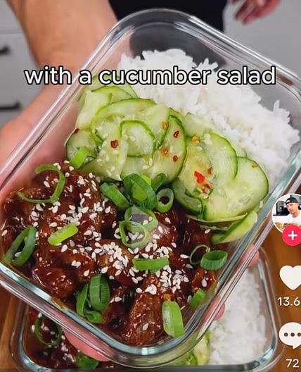 Korean beef, rice and cucumber bowl