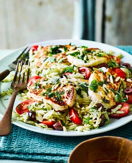 Oregano halloumi with orzo salad