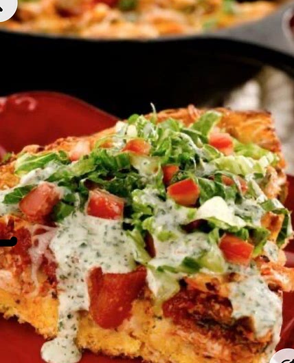 Chicken Taco Cornbread Wedges with Ranchero Cilantro Drizzle