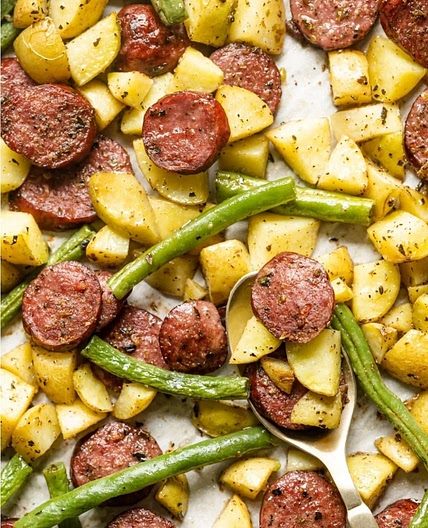 Sheet pan sausage,  potatoes,  and green beans