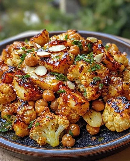 Honey curry roasted cauliflower with grilled haloumi and crunchy chickpeas