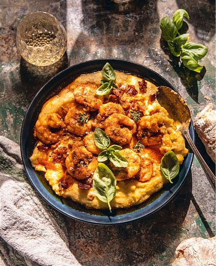Southern Garlic Shrimp With Bacon–Sweet Corn Polenta