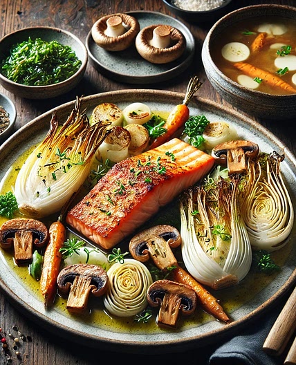Geroosterde zalm met venkel, witloof, wortelen en champignons, geserveerd met misosoep