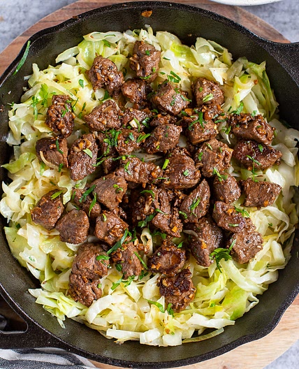Garlic Steak Bites With Sautéed Cabbage