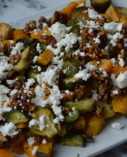 Roasted Zucchini, Brussels Sprouts, and Butternut Squash with Maple Walnuts and Goat Cheese