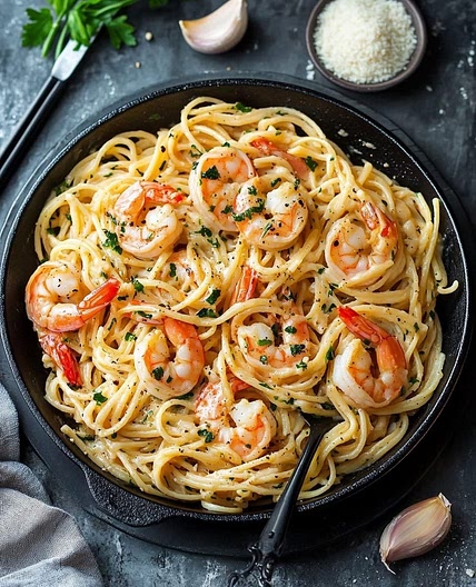Pâtes aux crevettes dans une sauce crémeuse à l'ail et au beurre