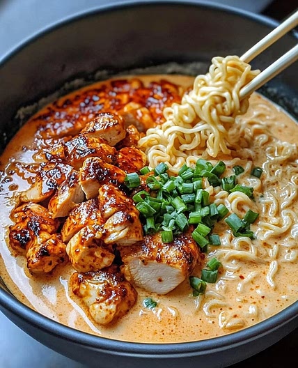 Fiery Chicken Ramen with Creamy Garlic Sauce