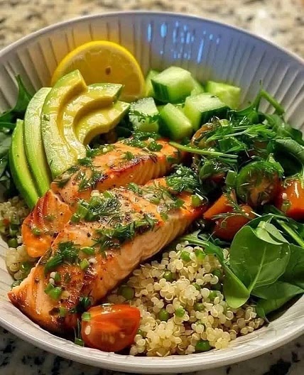 Lemon Herb Salmon and Avocado Quinoa Bowl
