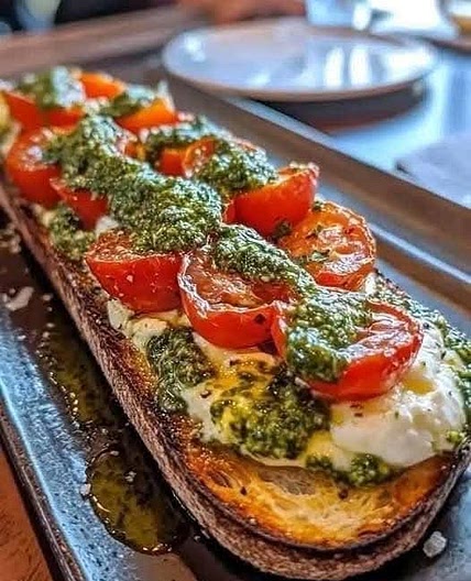 Bruschetta with Burrata, Pesto, and Roasted Tomatoes