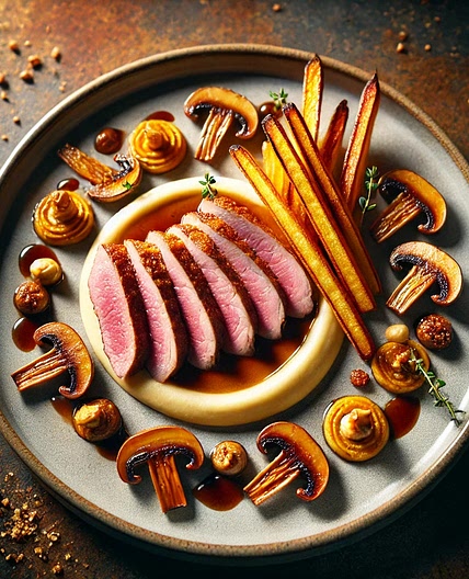 Filet de canard, purée de topinambour, frites de légumes et sauce noisette