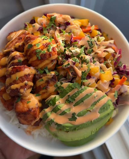 Salmon Coconut Mango Rice Bowl