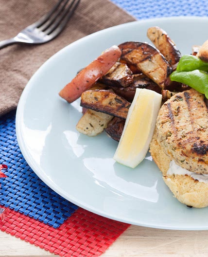 Chickpea Veggie Burgers with Garlic-Basil Aioli & Grilled Potato Wedges