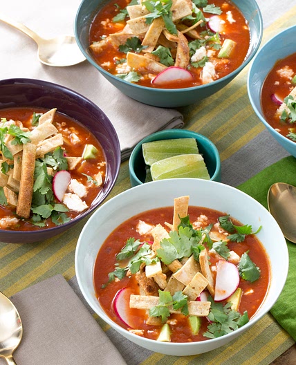 Vegetable Tortilla Soup with Hominy, Avocado & Queso Fresco