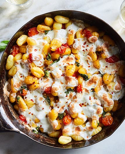 Crispy Gnocchi With Burst Tomatoes and Mozzarella