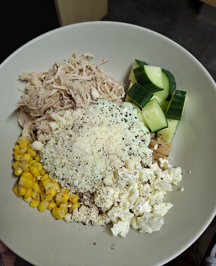 Chicken & Rice Bowl with Avocado Yogurt Sauce, Cucumber, Feta, and Parmesan (for 1 serving)