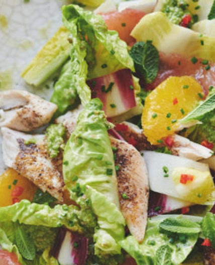 Chicken salad with orange, grapefruit, mint and pistachio sauce