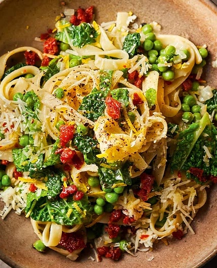 Pea & Savoy cabbage fettuccine with chorizo crumbs