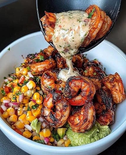 Grilled Shrimp Bowl with Avocado, Corn Salsa & Creamy Sauce