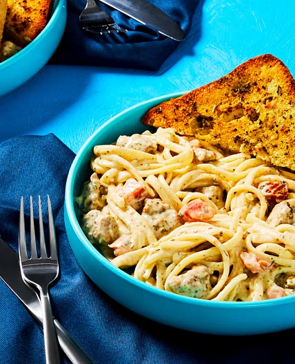 Creamy Tomato & Pork Sausage Linguine with Garlic Bread